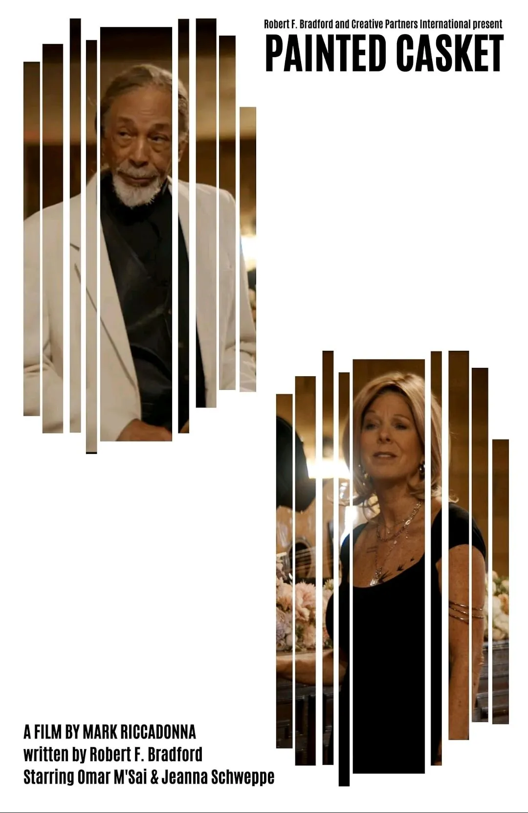 Painted Casket artwork showing two performers framed by vertical bars of light