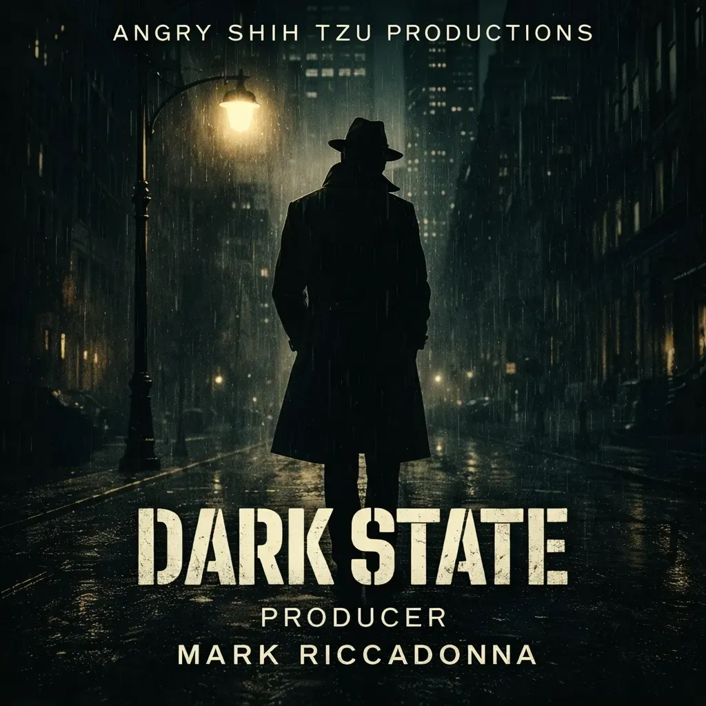 Dark State artwork showing a silhouetted figure in a rain-soaked city
