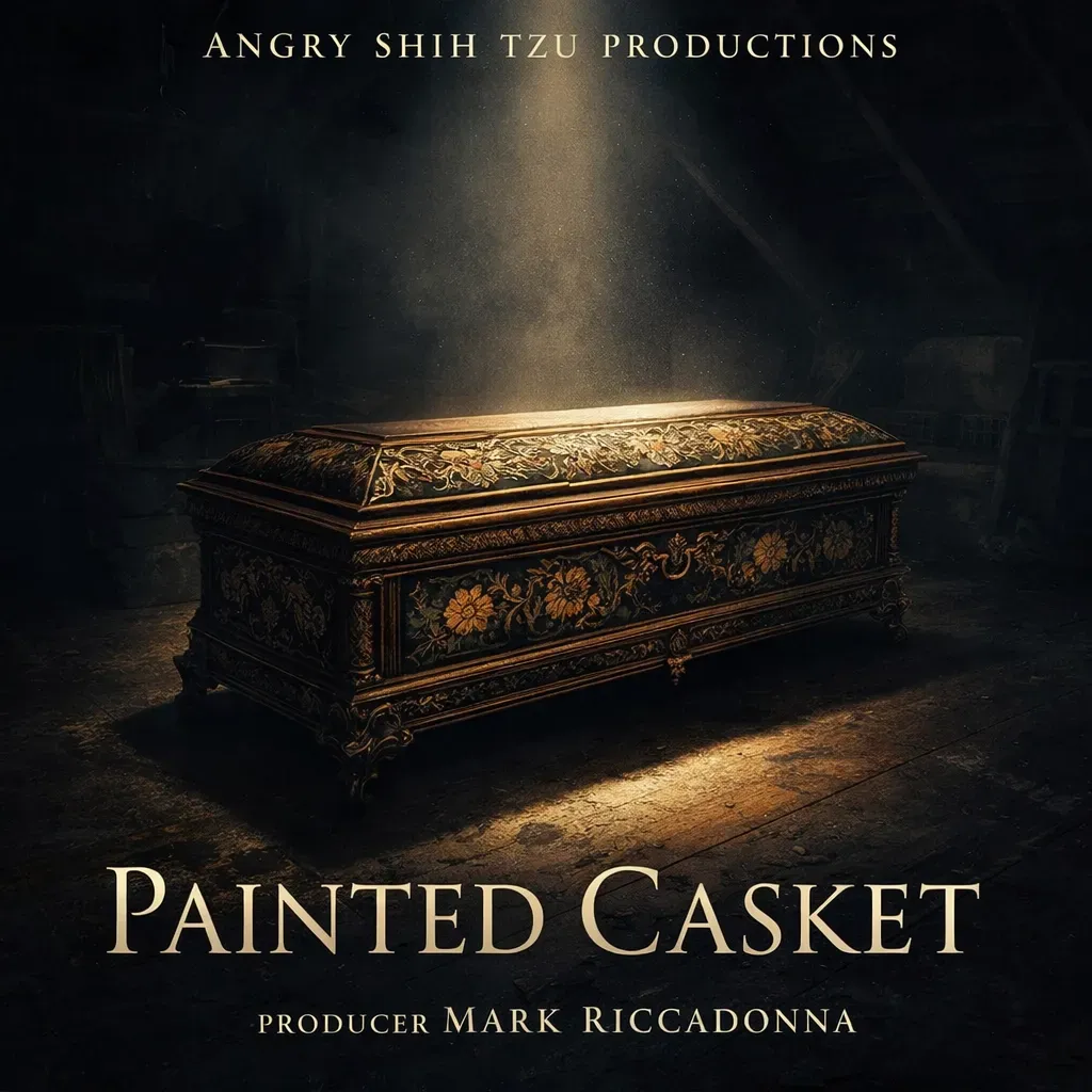 Painted Casket artwork showing an ornate coffin under a shaft of light