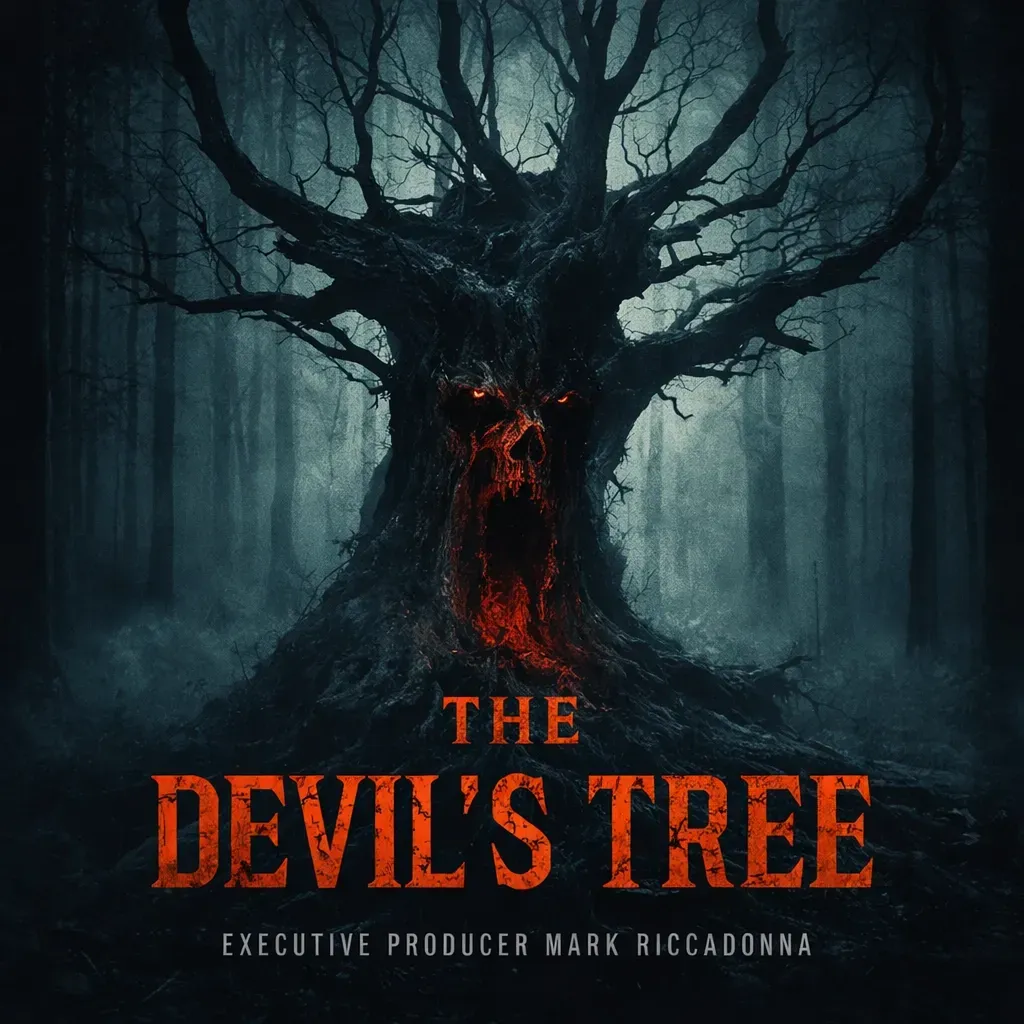 The Devil's Tree artwork showing a dark tree in a blue forest